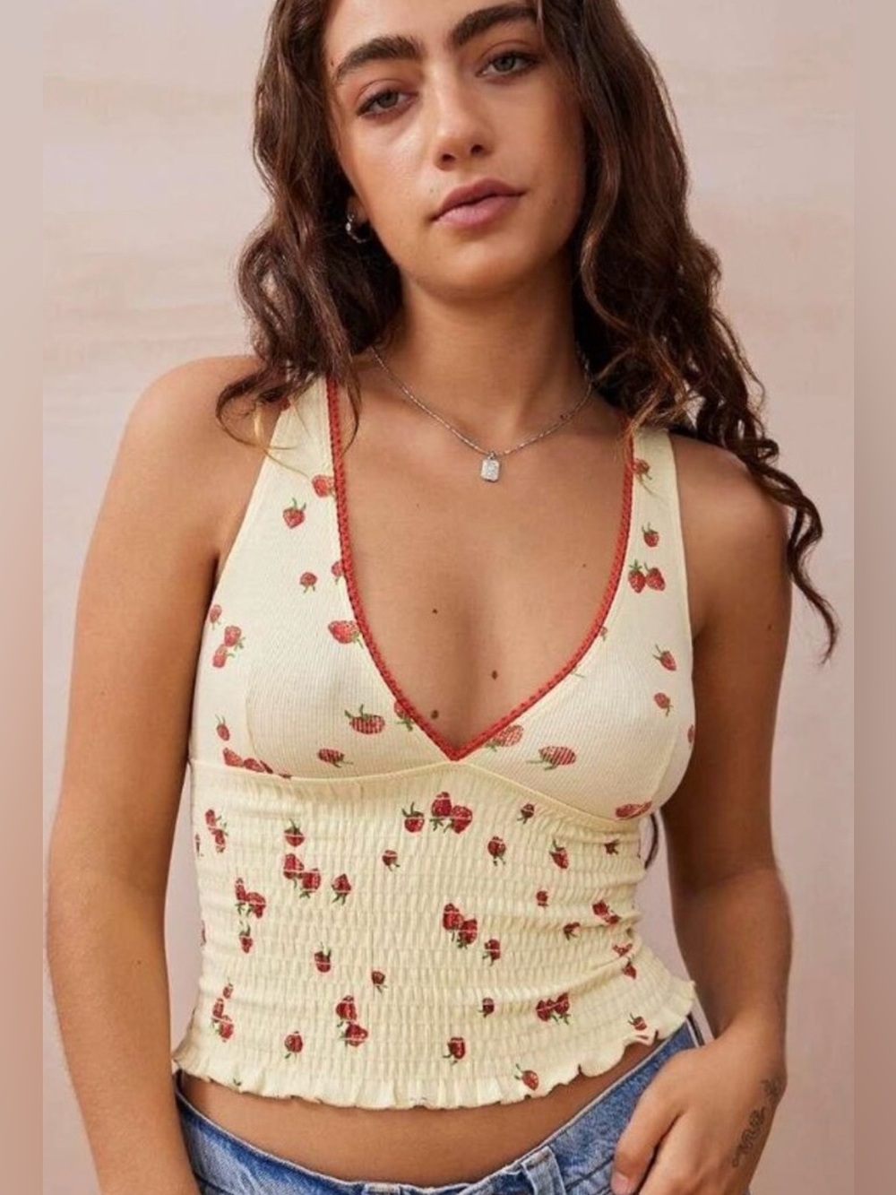 Urban Outfitters Kimchi Blue -Cream Strawberry Print V-Neck Tank Top